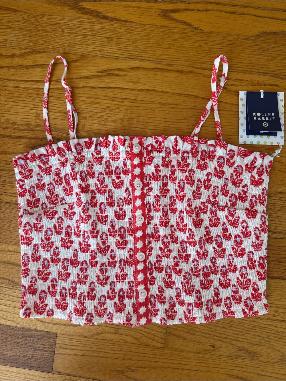 Roller Rabbit from Target White and Red Floral Smocked Button-Front Cami, size S